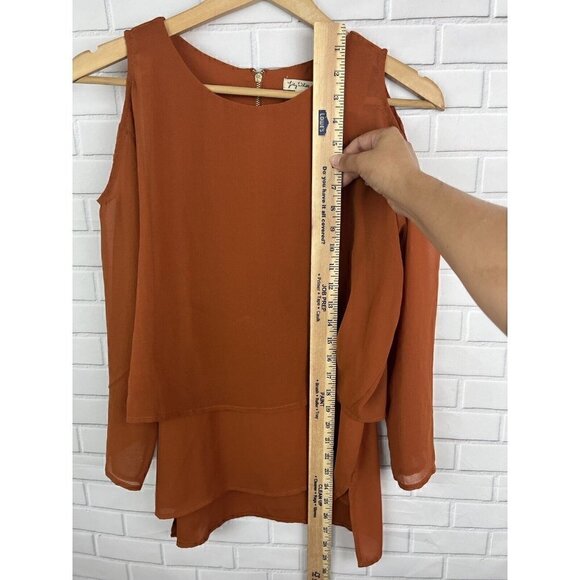 Lily White Womens Cold Shoulder Burnt Orange Rust Layered Shirt Blouse Small - Picture 3 of 16